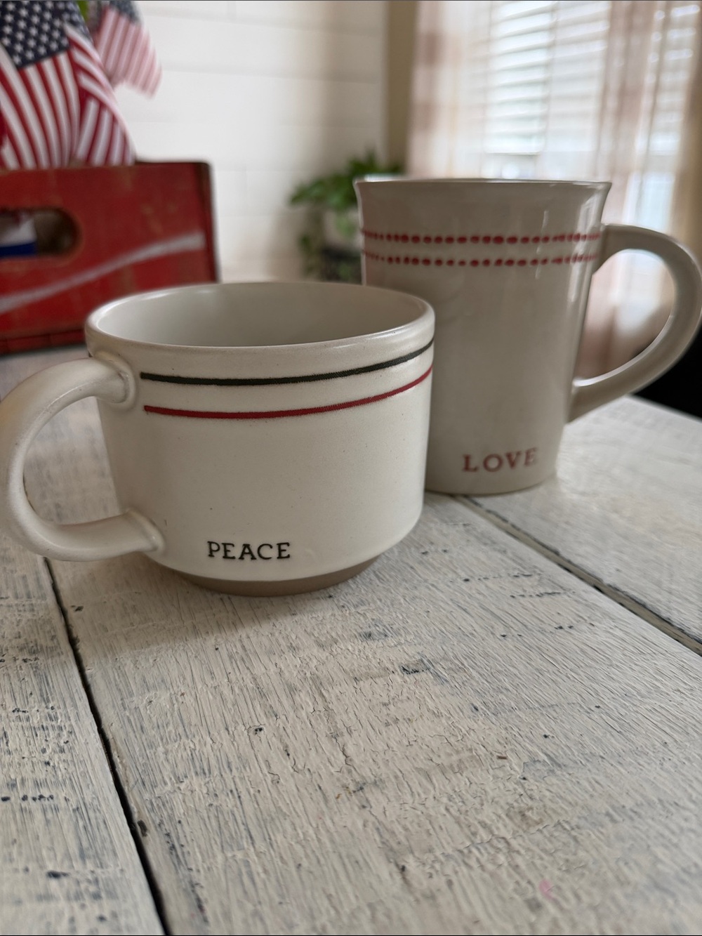 Hearth & Hand White Stoneware Mugs with Red and Green Stripes